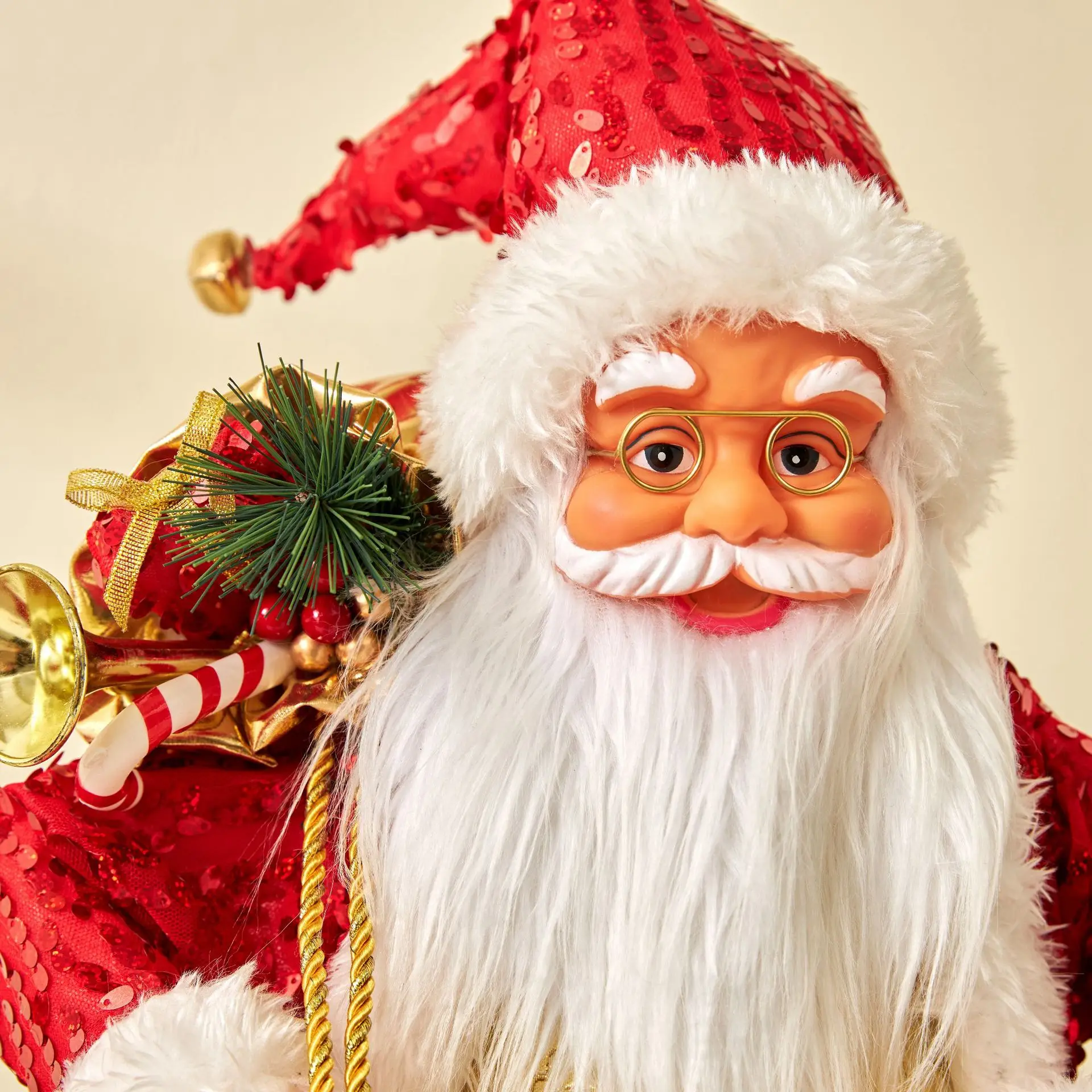 17.7inch red sequined Santa Claus standing figure with a white beard and glasses as a Christmas and New Year gift