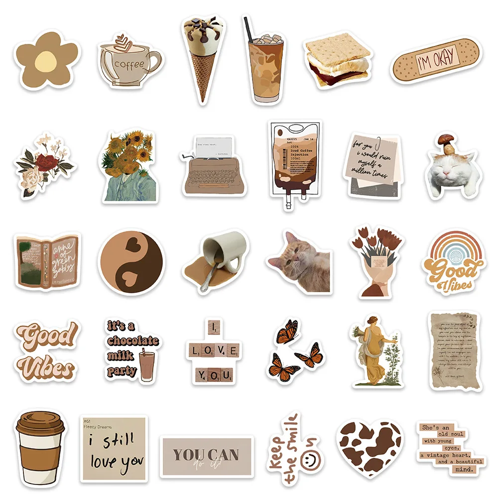 10/30/60PCS Vintage Brown Style Graffiti Stickers Decals Aesthetic Vsco PVC Classic Toy Gift DIY Suitcase Laptop Phone Notebook