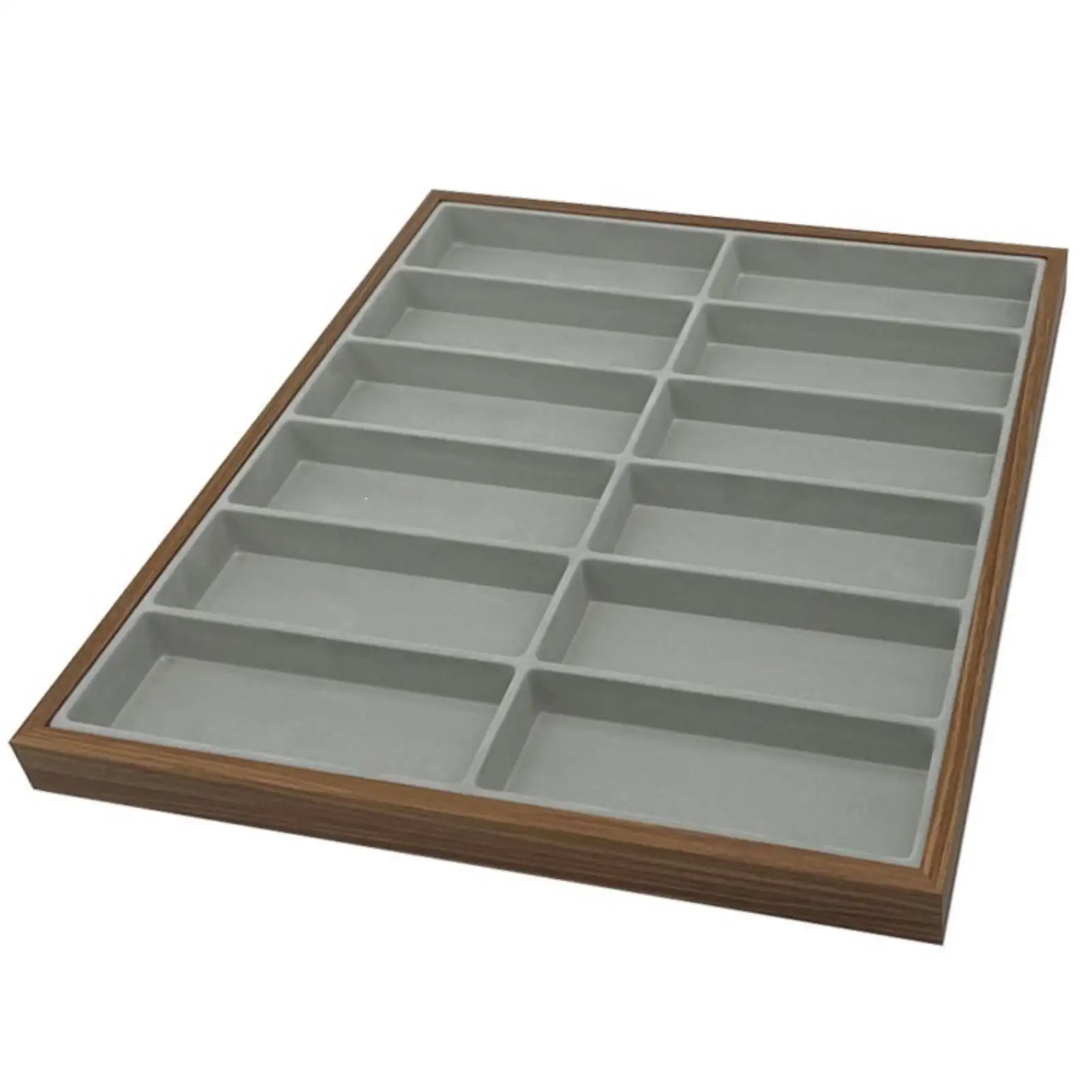 Rectangular Eyewear Storage Tray Wood Frame Gray Interior for Sunglasses Display Stand and Organization Solution