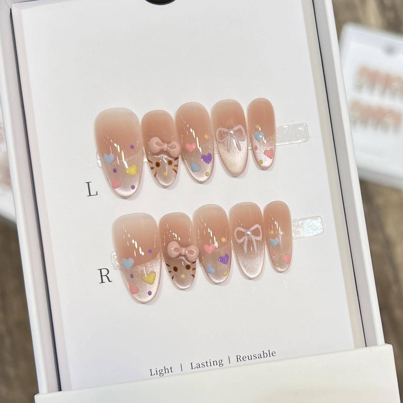 10 Uds. De uñas postizas con lazo francés de ojo de gato y almendra, uñas postizas de resina con diseño de borde de falda para fiesta, boda, manicura DIY