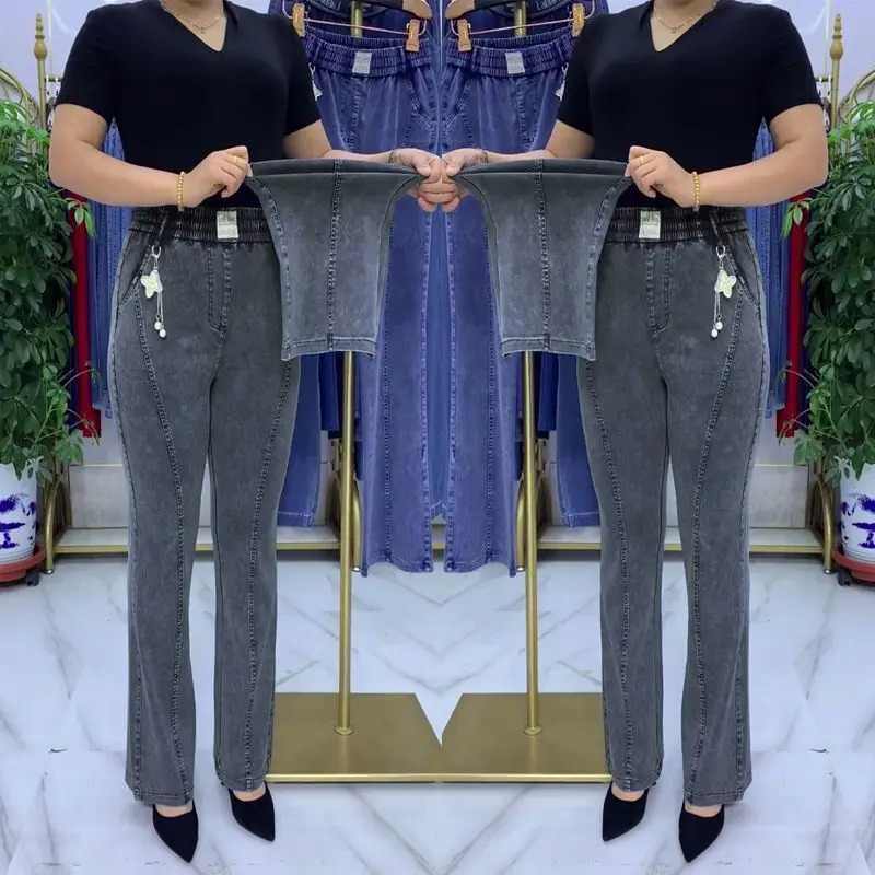 Middle-aged Women\'s Jeans Spring Fall Stretch Waist Denim Pants Large Size Loose Female Micro Flare Pants Winter Thick Warm Jean