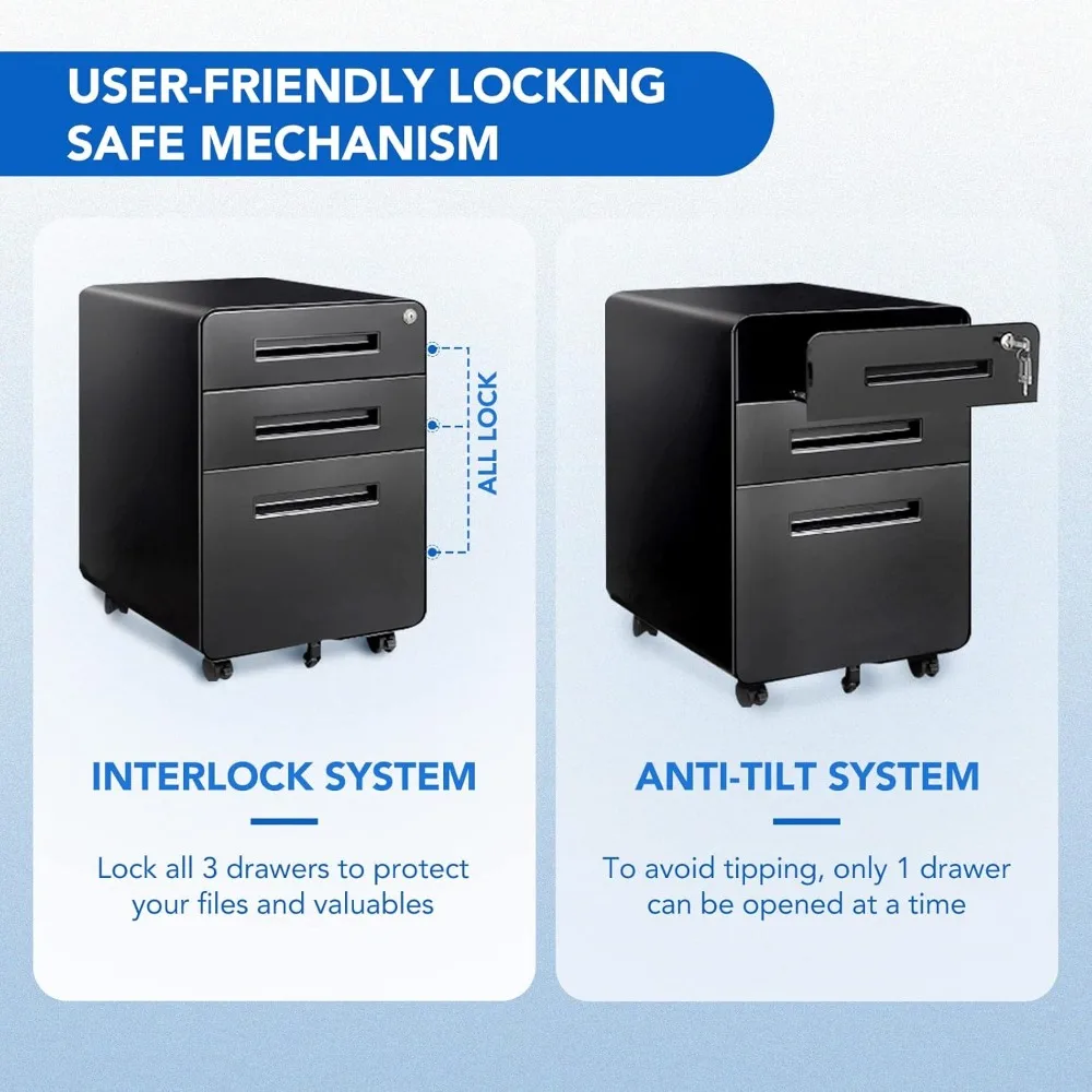 홈 오피스용 모바일 파일 캐비닛, 금속 파일링 캐비닛, 책상 아래 보관함, 잠금 키, 라운드 코너 디자인, 블랙, 3 서랍