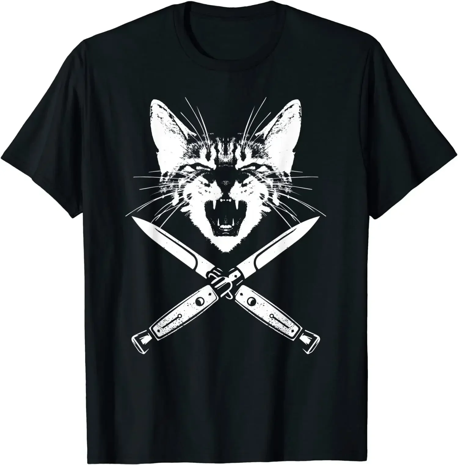 Hissing Cat With Crossed Switchblades Knives O-Neck Cotton T Shirt Men Casual Short Sleeve Tees Tops Harajuku Streetwear