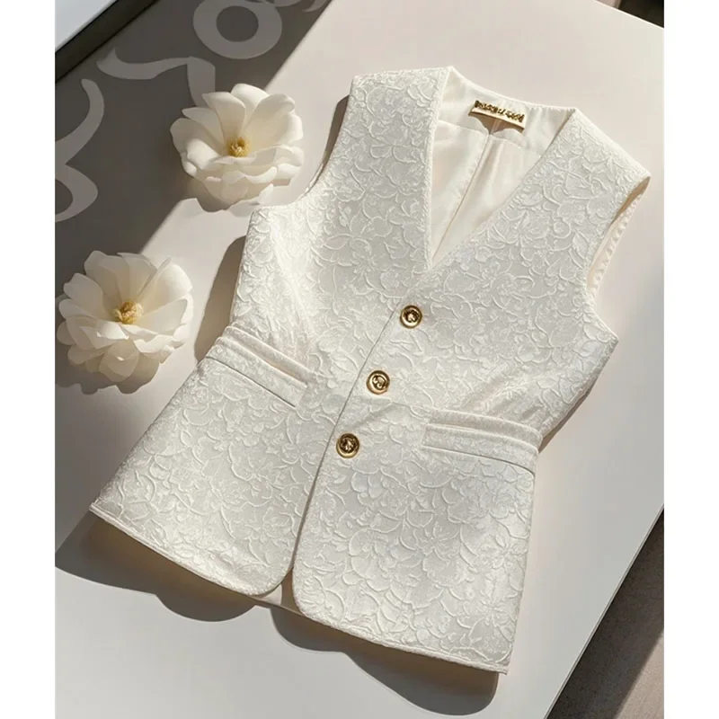 

LIBIELIY White Jacquard Vest Female Spring High-grade Sleeveless Sense Super Beautiful Unique Beautiful Temperament Vest Waistco