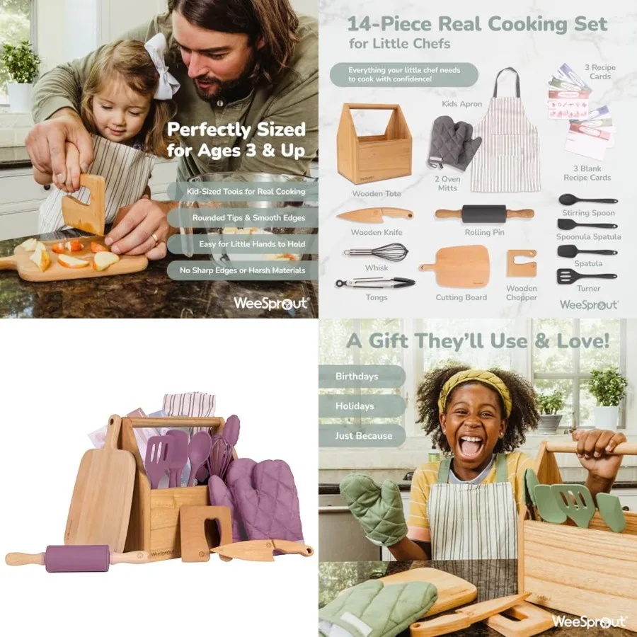 

Little Chef,14 Pcs with Real Kitchen Tools Apron, Baking Gift for Girls, Boys Junior Chefs, Food Grade Materials, Choice of Col