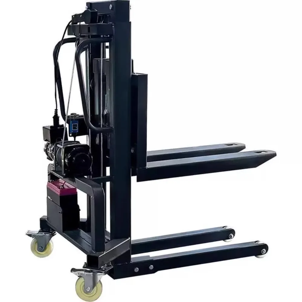 

Portable stacking loader loads and unloads small detachable forklifts