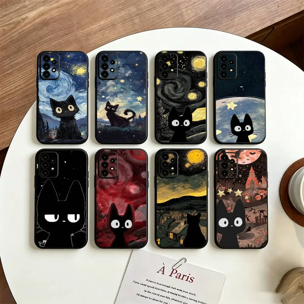 Artistic Black Cat Starry Night Phone Case For Samsung S25/S24/S23/S22/S21/S20/Plus,Fe,Lite/Others Black Cover