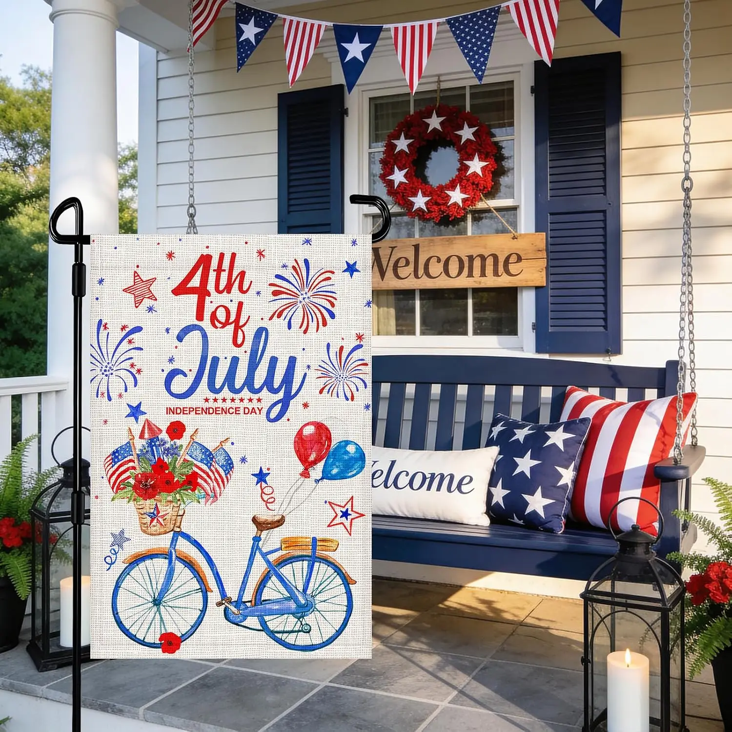 4th of July Garden Flag 12x18 Inch Double Sided Burlap Patriotic Bicycle with USA Flag for Independence Day Outdoor Porch Ya llp