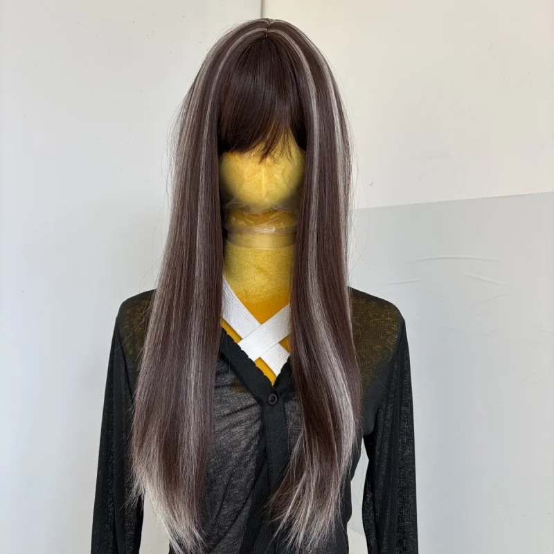 

Парик для косплея с челкой, длинный, прямой, смешанный коричнево-русый, из синтетических волос