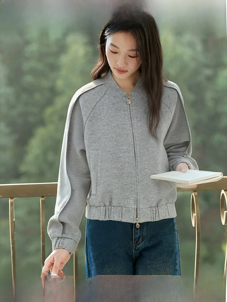 

Casual Style Floral Grey Short Baseball Jacket Women's Spring New Fashion Shoulder Sleeve Insert Design Cotton Blend Jacket