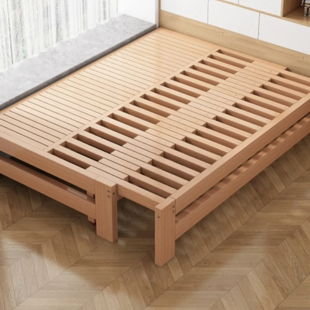 Small Apartment Beech Pine Solid Wood Pull-out Bed Telescopic Design Push-pull Sofa Bed Folding Splicing Bed
