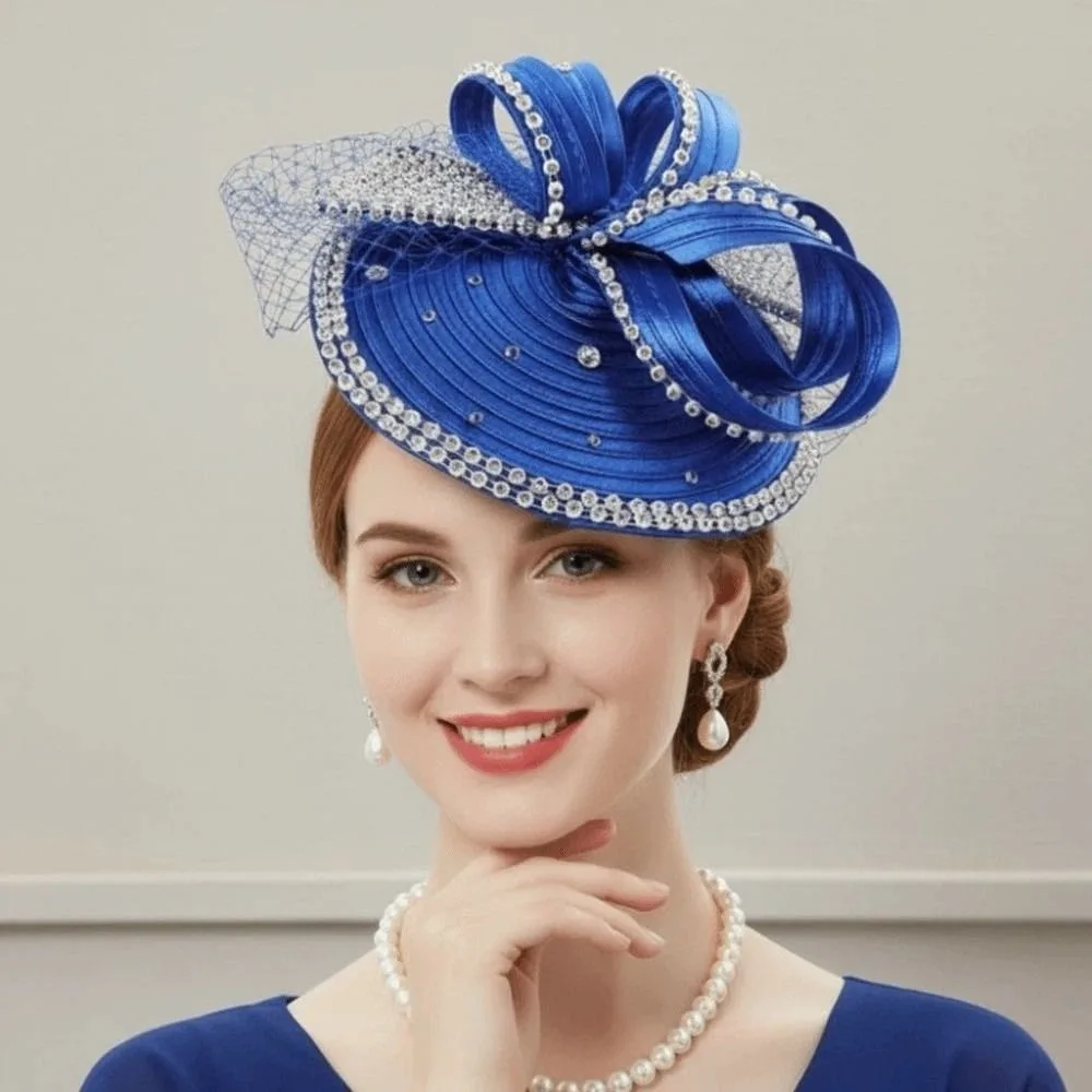 Rhinestone Studded Fascinator Hat Satin Ribbon Detachable Birdcage Veil Headpiece Lightweight Mesh Layered Flower