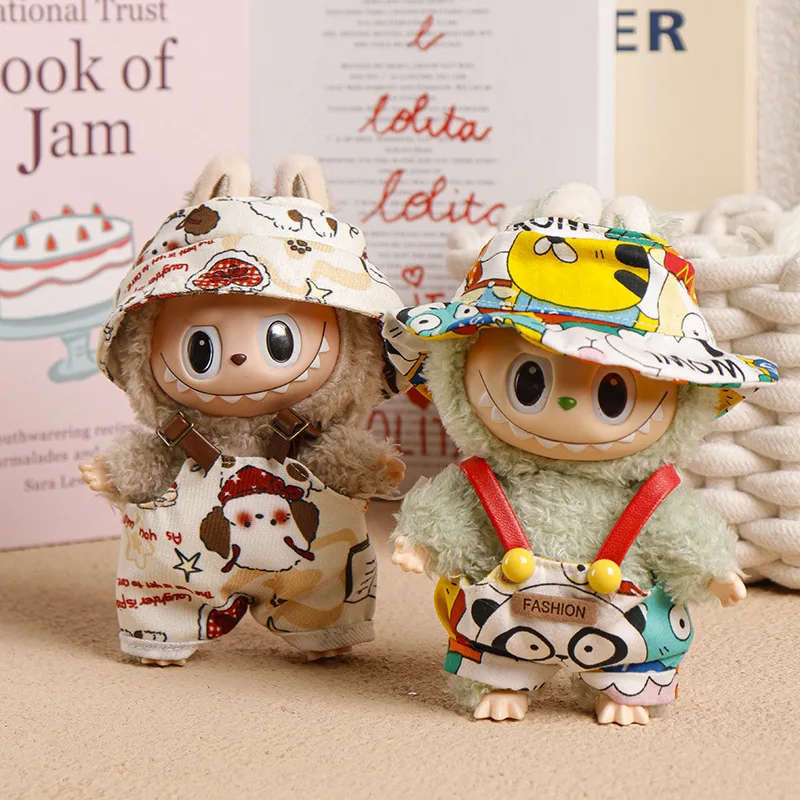 Neues 17 cm großes Labubu-Puppen-Overall-Set mit Kapuze, Fischerhut, gestreift, kariertes Tier, glänzende Muster, Vinyl-Figur, Schlüsselanhänger-Outfit