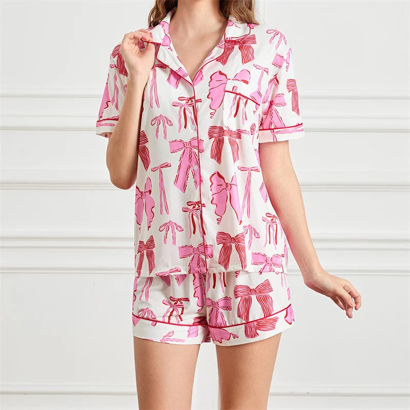

Женские пижамные комплекты с милым бантом, пижамные комплекты на пуговицах с короткими рукавами, милые комплекты для отдыха из 2 предметов, одежда для сна в консервативном стиле Y2k