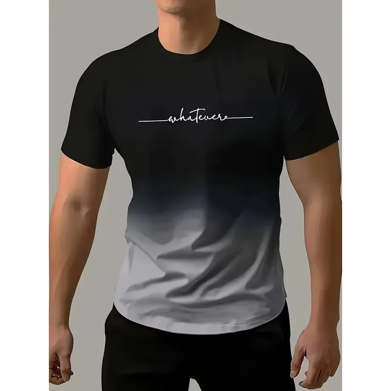 Men's Gradient Color Letter Print WHATEVER Crew Neck Short Sleeve T-shirt Casual Comfy Tops Summer Daily Wear 2026 Fashion
