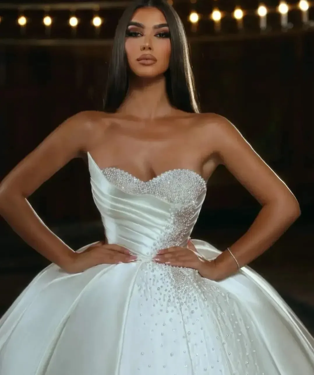 

2025 Elegant Satin Church Wedding Dress Sweetheart Beads Pleats Lace Up Princess Bride Bridal Gowns Vestidos De Novia