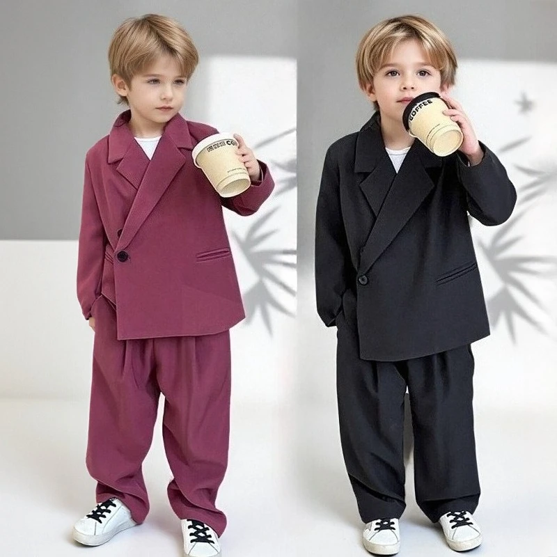 

Children Clothes Set Spring Loose Casual Jacket Trousers 2-piece Page Boys Wedding Suits Fashion Host Catwalk Performing Costume