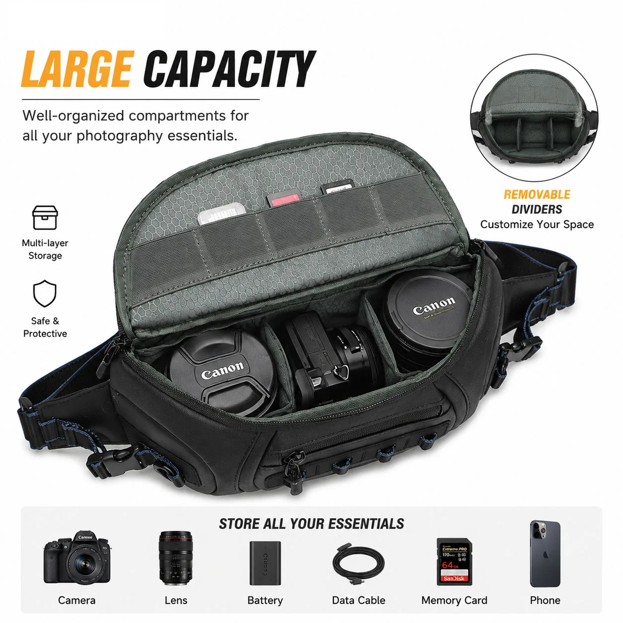 SOARSHOT Waterproof Camera Sling Bag Men Chest Pack Shoulder Bag for Mirrorless Camera Lens Travel Photography Storage Bag