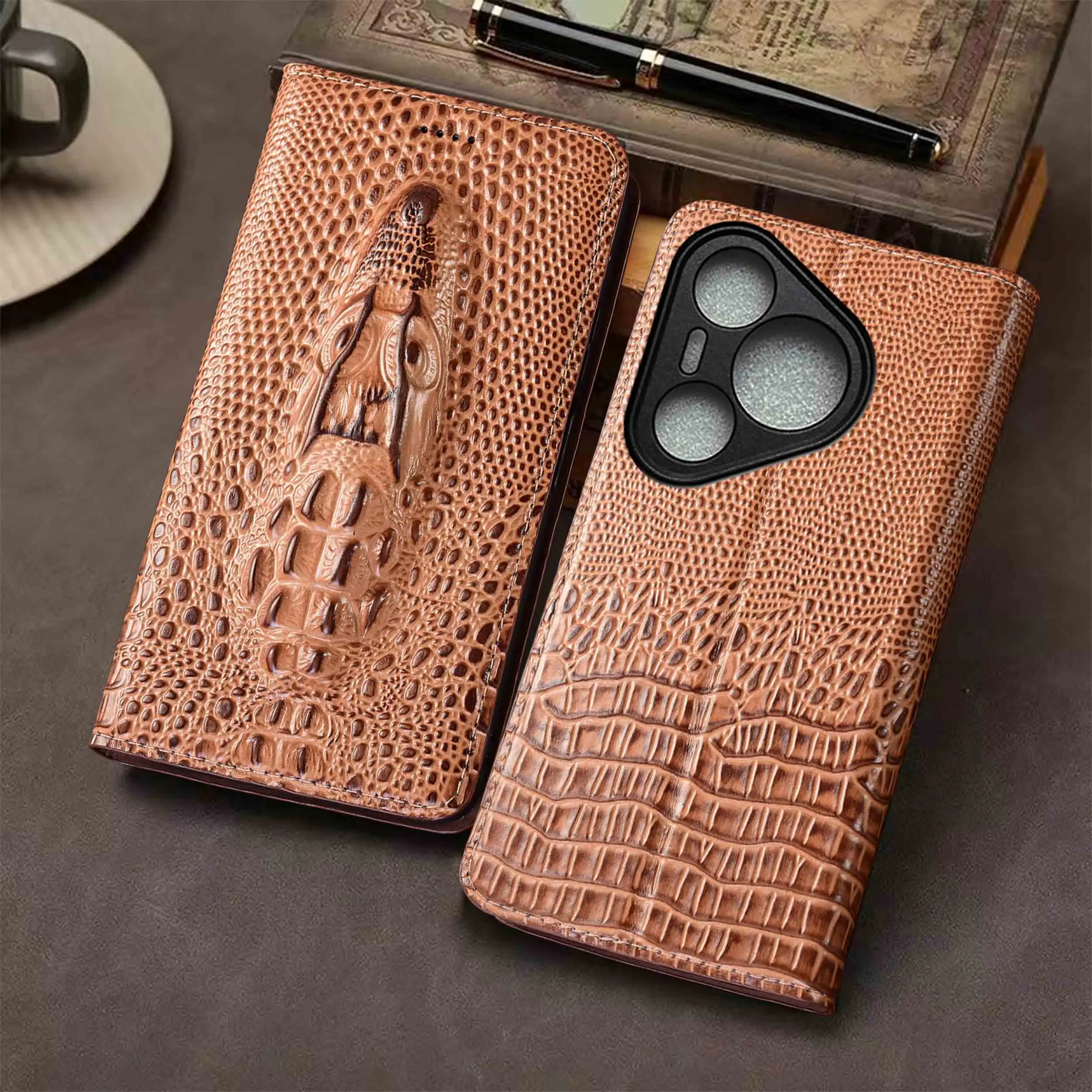 

Genuine Leather Case For Huawei P40 P50 P50E P60 Pura 70 80 90 Pro Max Plus Ultra Lite Art CrocodileHead Pattern Flip Cover Case
