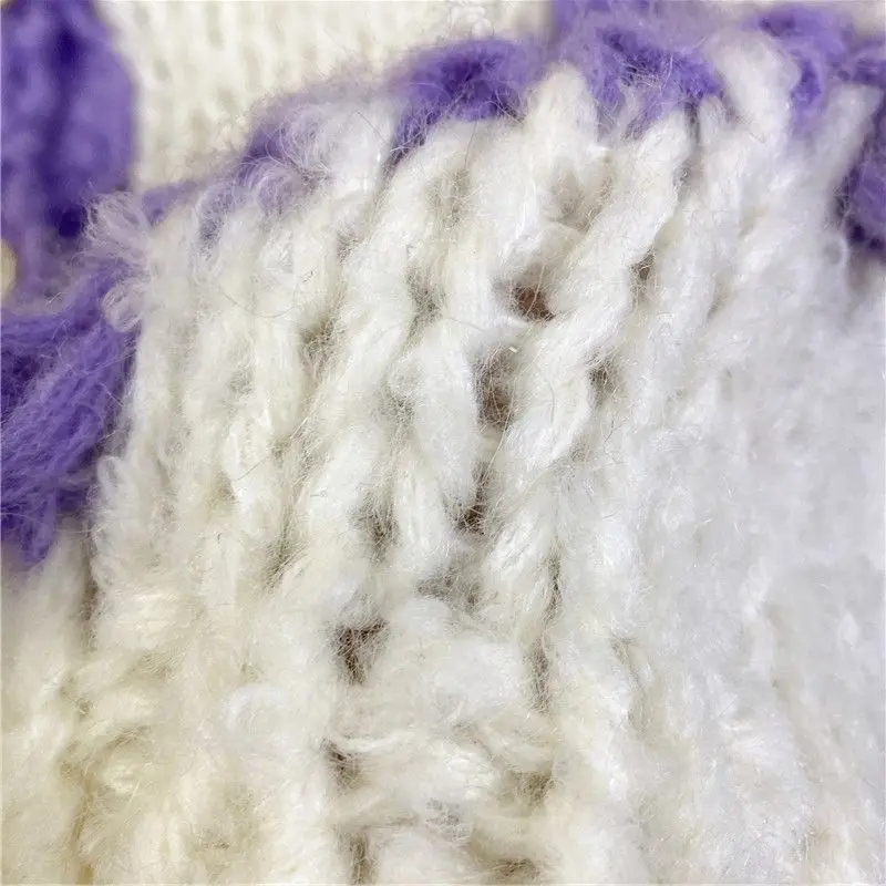 Heavy Industry Crochet Thickened Sweater Coat Women's V-neck Plaid Contrast Color Knitted Cardigan Female Sweaters Short Jacket