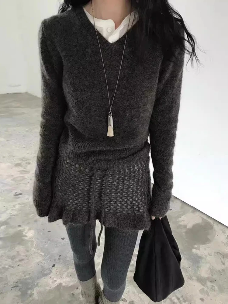 

Faionable Knitted Sweater Hollow out Lace ort Skirt Striped Long Pants Tee Piece Set Chic Autumn Winter High End Feel