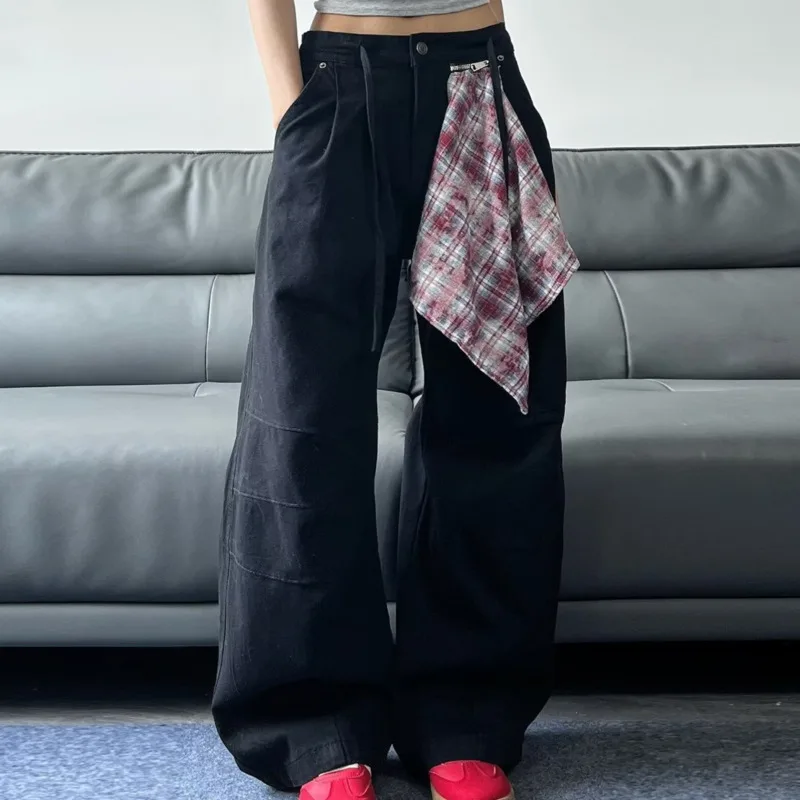 ANJY otoño nuevas mujeres Y2K Jeans a cuadros bolsillo decorativo Denim lavado americano Retro High Street Casual Ins pantalones de pierna ancha A10160