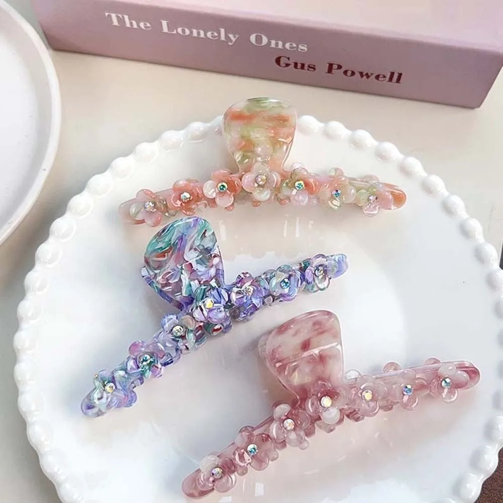 

Elegant Flower Hair Claw Korean Style Rhinestone Straight Line Shaped Shark Clip Waterproof Headwear Acetic Acid Hair Claw Party