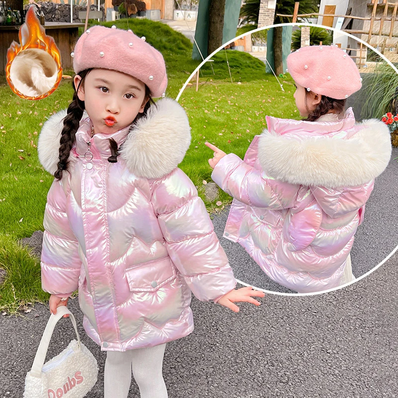 -30℃ Winter Long Girls Jacket Glossy Waterproof Lining Plush Thick Warm Windbreaker For 4-12Y Teen Kids Cotton Fashion Parkas