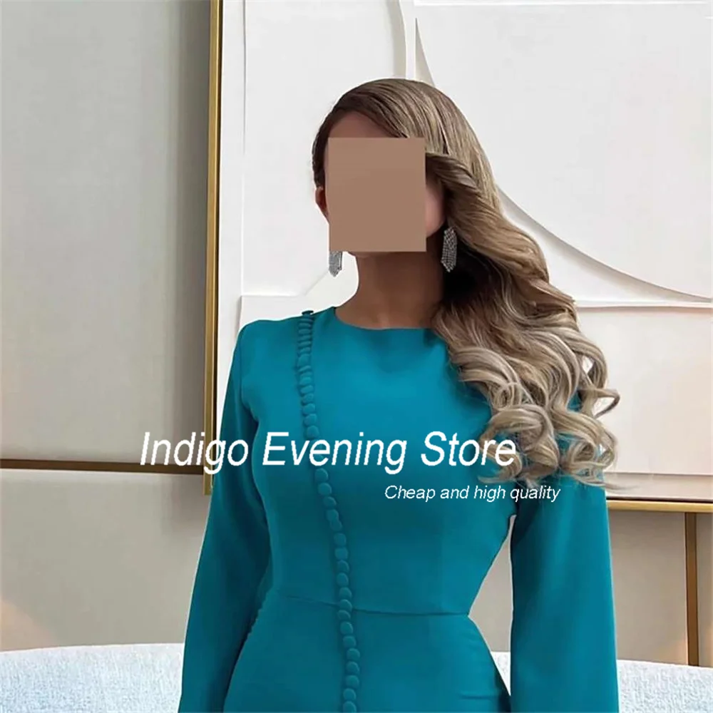 Indigo Prom Dress Mermaid Long Sleeve Formal O-Neck Split Button Simple Occasion Party Evening Gown فساتين السهرة Customized