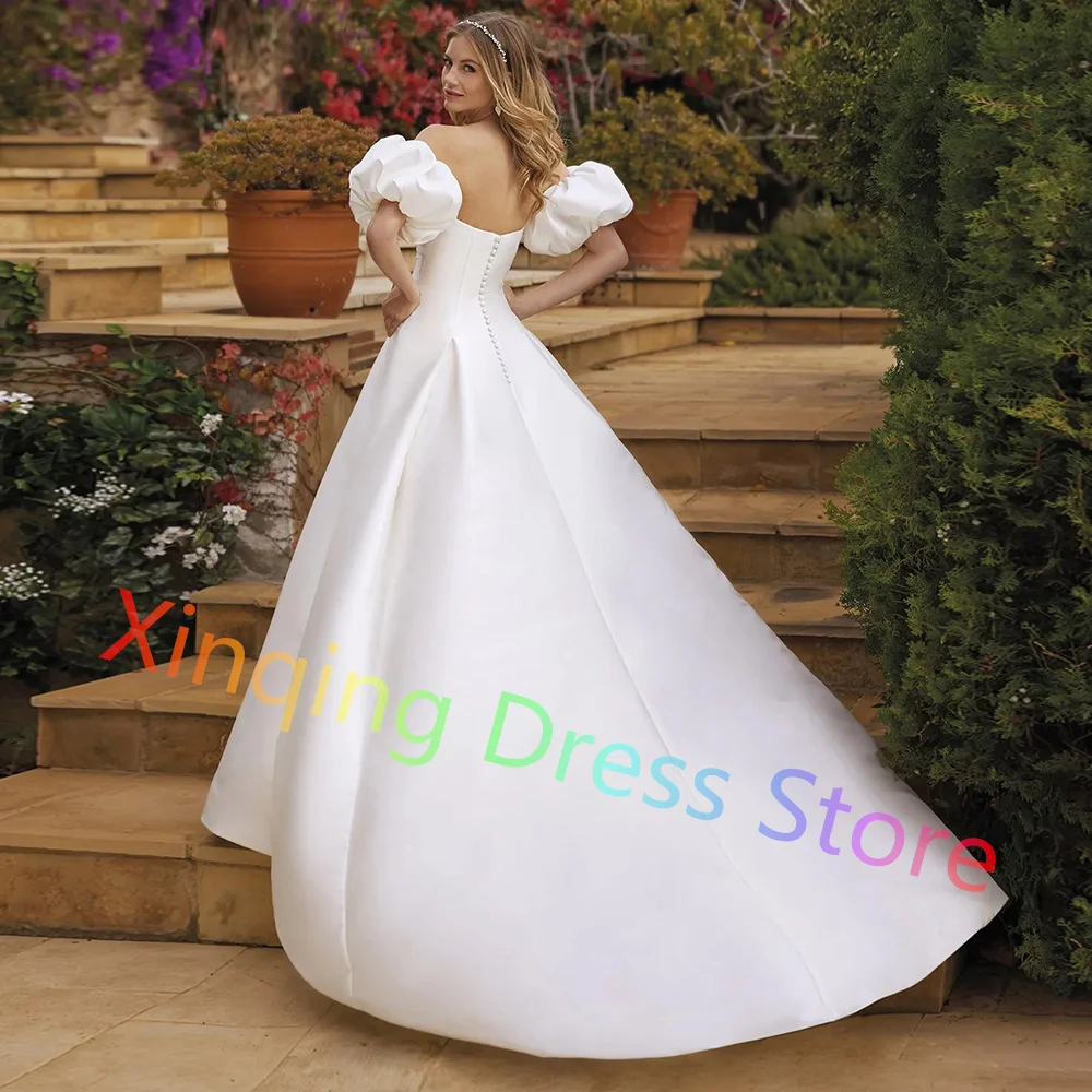 Modern A-line Satin Strapless Wedding Dresses Woman Chic Detachable Sleeves Bridal Gowns Pleats Sweep Train Vestido De Novia