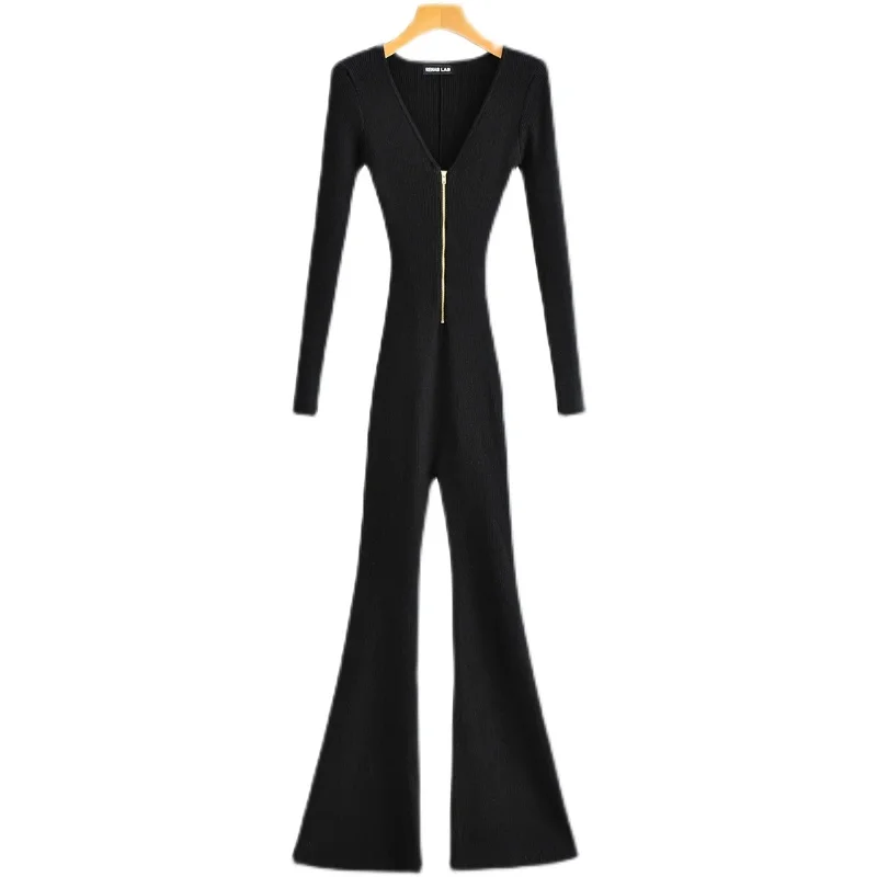 ハイウエストニットジッパー付きラウンドネックリブ編みレギンスジャンプスーツ レディース ストリート スレロ 秋202 カジュアルロングパンツ