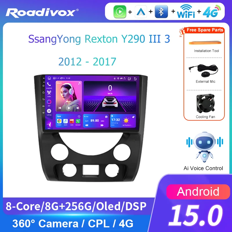AI VOICE roadivox Android car radio for SsangYong Rexton Y290 III 3 2012 2017 GPS Navigation video Multimedia Player tape