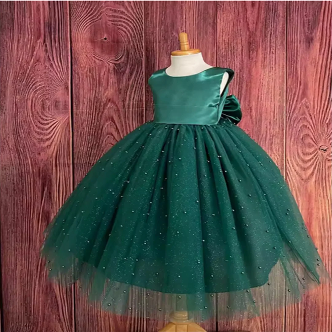 Aangepaste glanzende smaragdgroene bloemenmeisjesjurken verjaardag enkellange bruiloft feestjurk mouwloze strik optocht heilig
