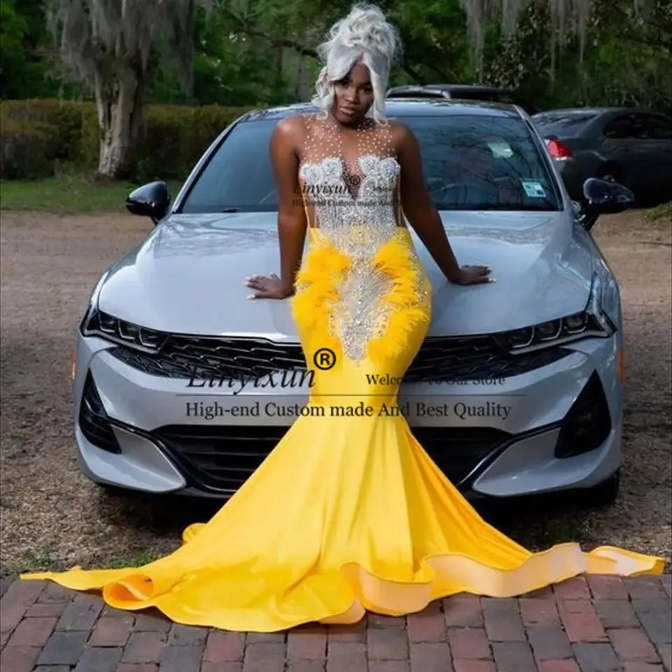 Yellow Mermaid Prom Dress 2024 For black Girls Beads Crystal Rhinestones  Party Dress Birthday Wedding Reception Robe De Ball