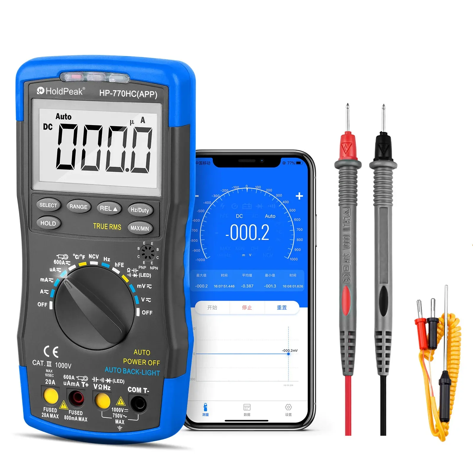 

HOLDPEAK Bluetooth Auto Ranging Digital Multimeter HP-770HC-APP True RMS with NCV Feature and Temperature/Duty Cycle Test