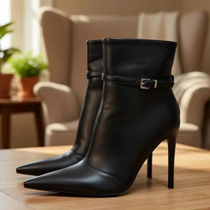 

Sexy Black Matte Leather Pointy Toe Ankle Boots Single Buckle Strap Zipper Thin Heels Runway Shoes Plus Size 46 Women Short Boot