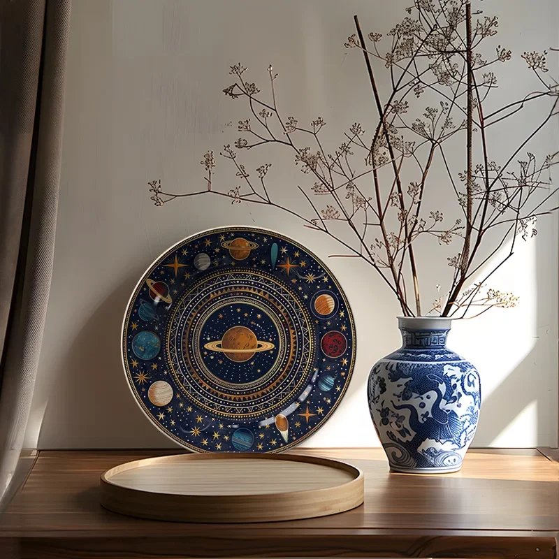 1pc Art Deco Ceramic Decorative Plate, Round Starry Sky Theme, Non-Food Contact, Retro Home Decor for Living Room, Bedroom,