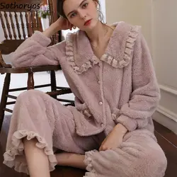 Women Coral Fleece Pajama Sets Winter Thicken Turn Down Collar Lace Princess Sleepwear Luxury Warm Flannel Pyjamas 2 Pcs Lounge