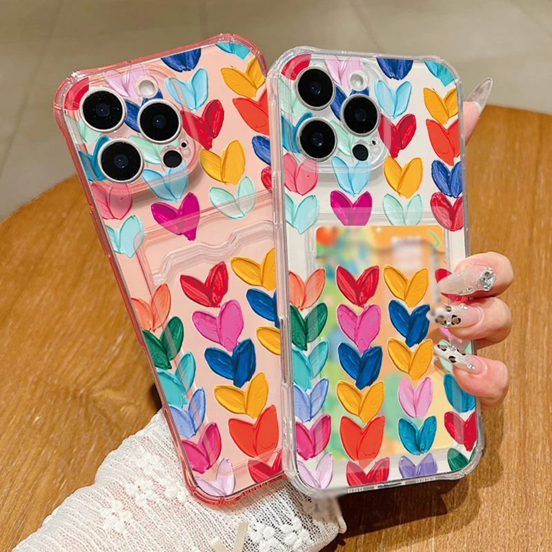 Luxury Card Slot Oil Painting Love Hearts Case For iPhone 16 Pro Max 11 12 13 14 15 Pro Max Coque Shockproof Clear Soft Cover