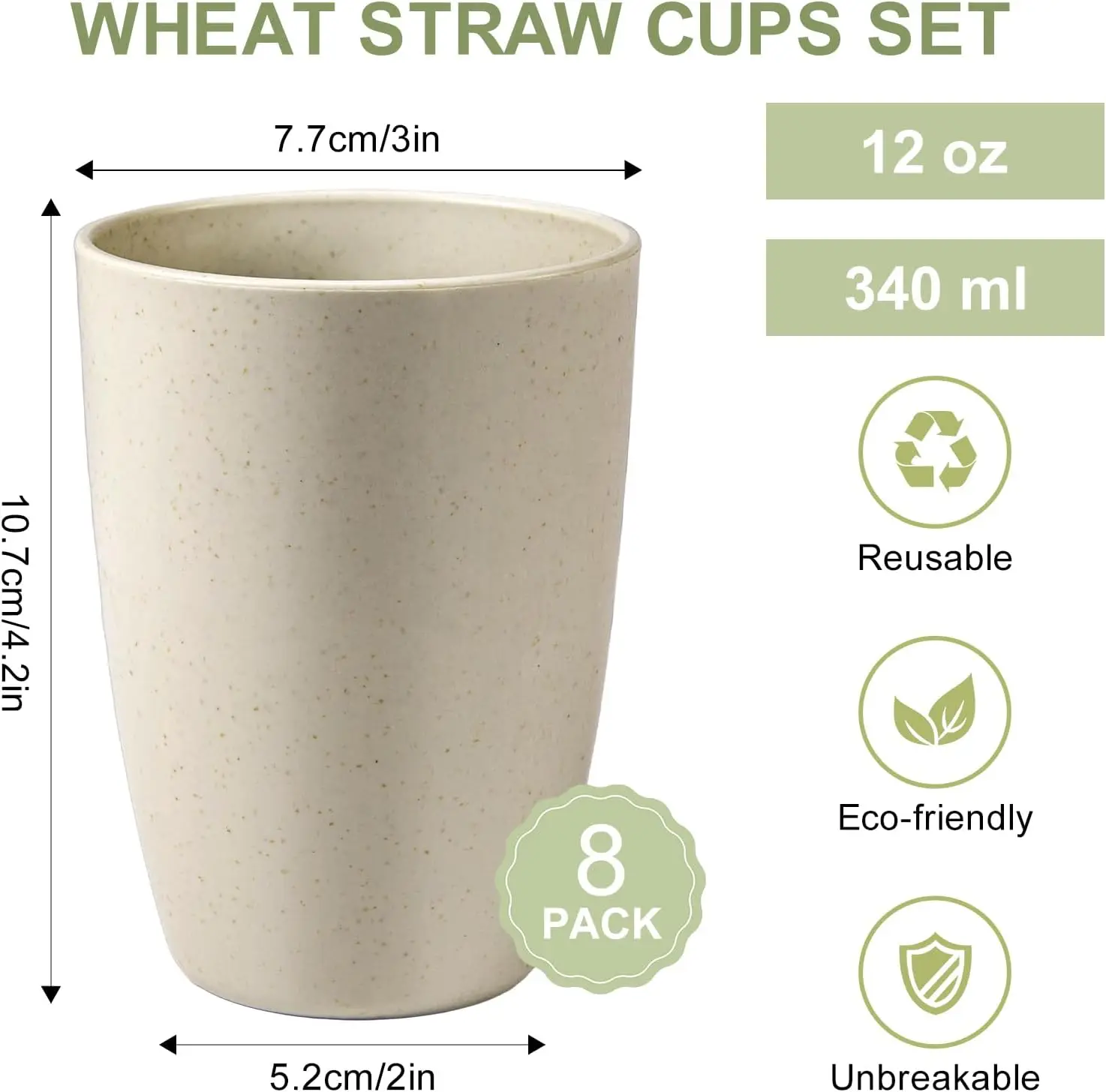 Tarwestrobekers, 8 stuks onbreekbare drinkbeker, 12 oz plastic bekers herbruikbaar, onbreekbare tarwestrobeker, plastic herbruikbare bekers voor