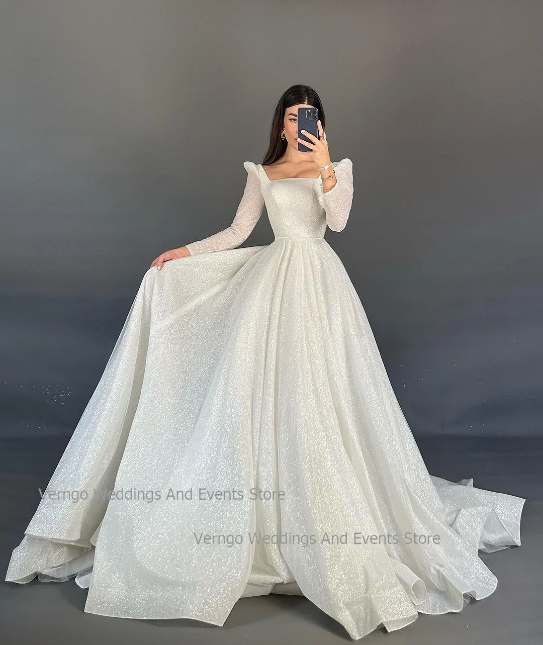 Verngo A-line Glitter Wedding Dress Square Collar Long Sleeves Fantasy Bride Dress Floor Length Civil Bridal Gown Robe De Mariee