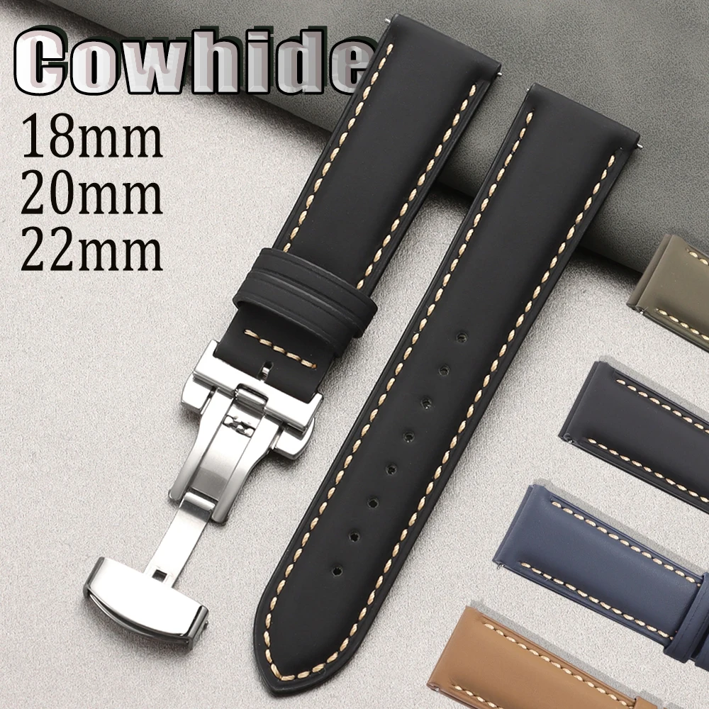 

Верхний слой из воловьей кожи для ремешка для часов Seiko 18 мм, 20 мм, 22 мм, винтажный кожаный ремешок для Tudor, водонепроницаемый браслет, пряжка-бабочка на запястье