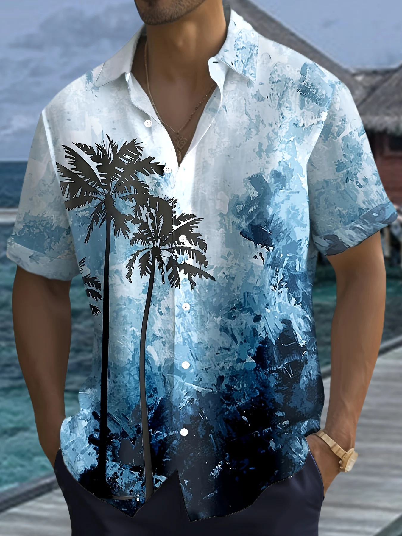

Men's 2 Piece Blue Oil Painting Palm Tree Set, Lapel Short Sleeve Shirt & Drawstring Shorts Summer Hawaiian Vacation Outfit