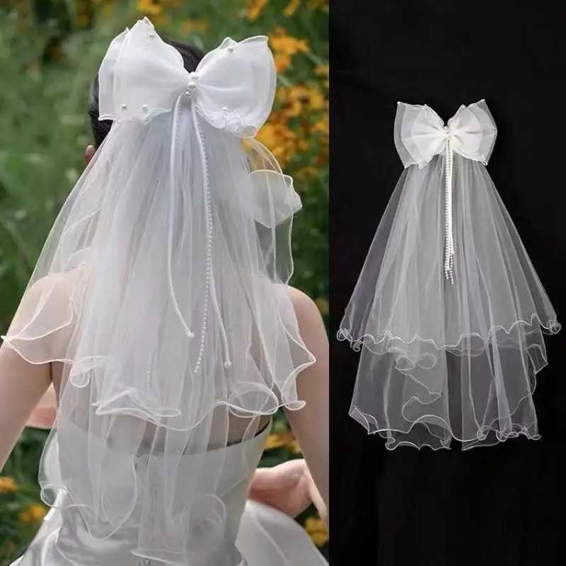 

Elegant Double Bow Bridal Veil: Exquisite Lace Headpiece For Your Wedding Veil With Holy White Bow Hairpin For Wedding Headpiece