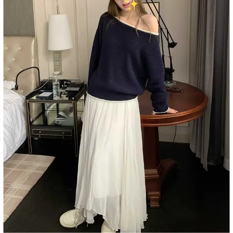 

Women Autumn Winter New Style Korean Off Shoulder Sweater Lazy Style Loose Slimming Knit Top