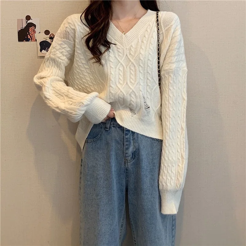 

Винтажный укороченный свитер, пуловеры для женщин, осень-зима, новый вязаный пуловер с v-образным вырезом и v-образным вырезом, свободный вариант, повседневный