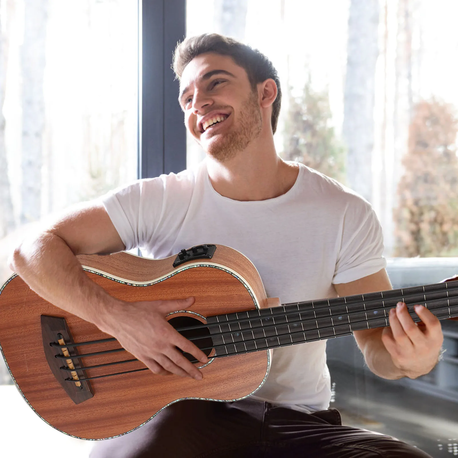 4 String Acoustic Guitar 4 String Bass Guitar Bass Guitar 16 Frets Acoustic 4 String Ukulele Wooden with Equalizer for Concert