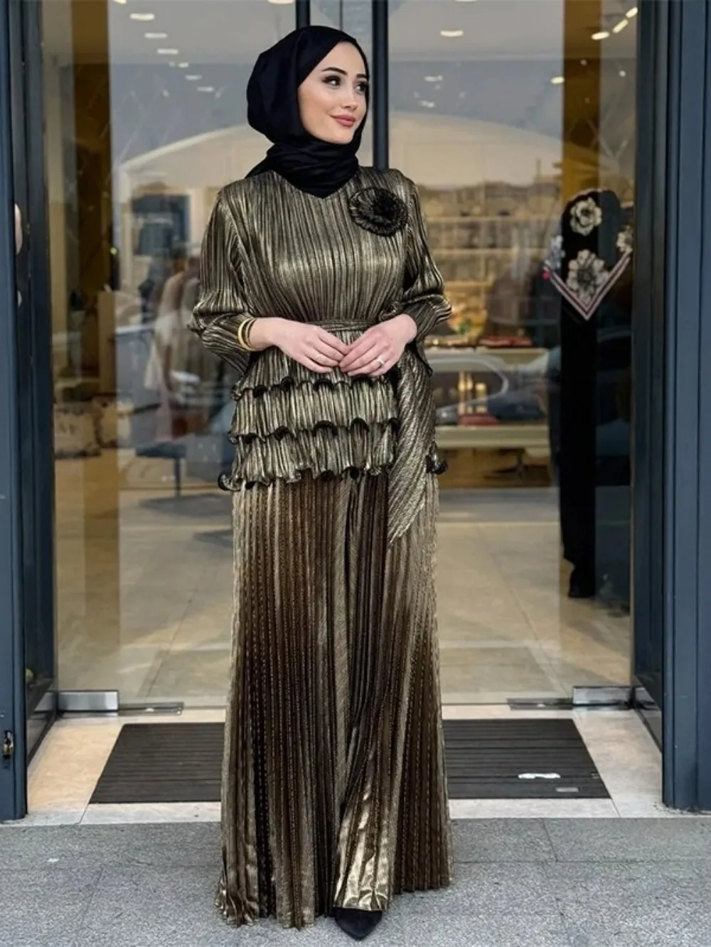 

Eid Muslim Set Women Pleated Miyake Top Shirt 2 Piece Set Blouse Long Sleeve Shirts Suits Saudi Arabic Dubai Musulman Ensembles