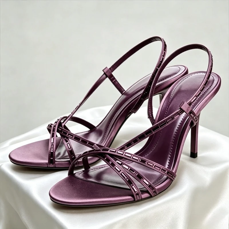 

Rhinestones Designer High Heels Women Luxury Satin Round Toe Elegant Party Dress Shoe Summer 2026 Slingback Heeled Sandals Women