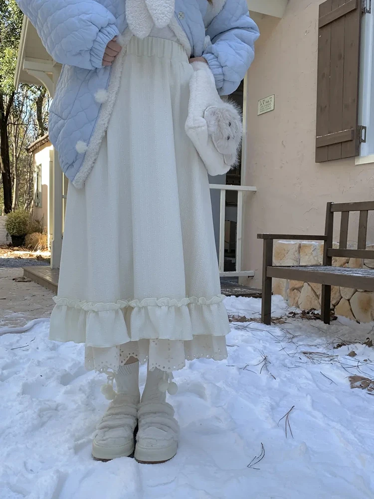 

Japanese Sweet Midi Skirt Women Autumn Winter Kawaii Ruffled High Waist Skirts A Line Loose Casual Harajuku Female Chic Skirt